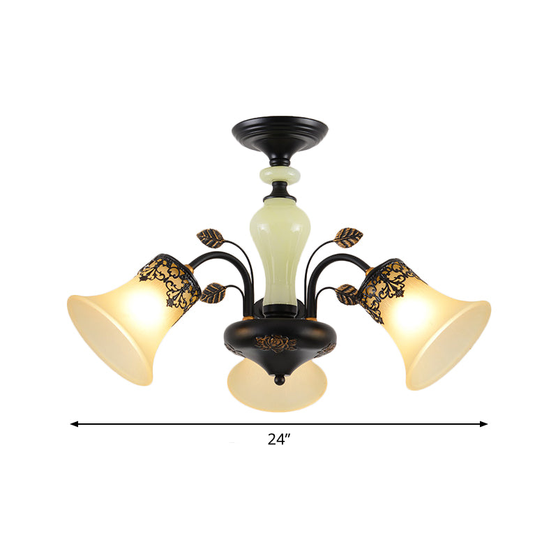 Frosted Glass Morning Glory Chandelier - Farmhouse Ceiling Pendant (3/6/8 Lights) In Black/White