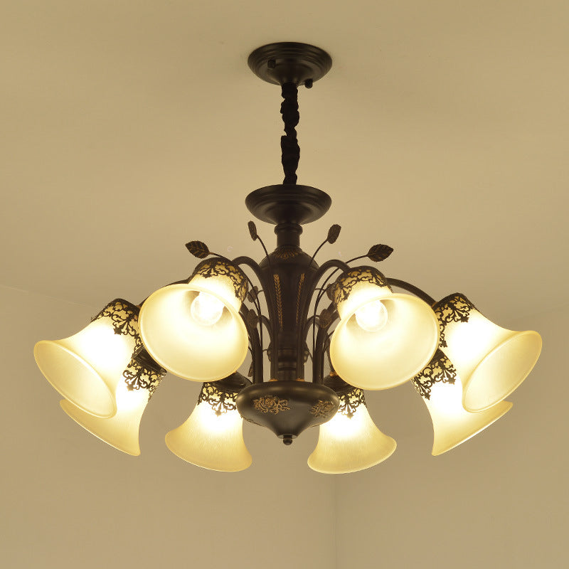 Frosted Glass Morning Glory Chandelier - Farmhouse Ceiling Pendant (3/6/8 Lights) In Black/White