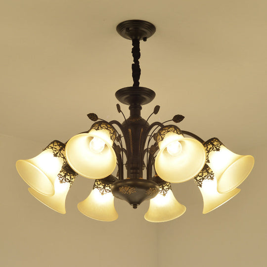 Frosted Glass Morning Glory Chandelier - Farmhouse Ceiling Pendant (3/6/8 Lights) In Black/White