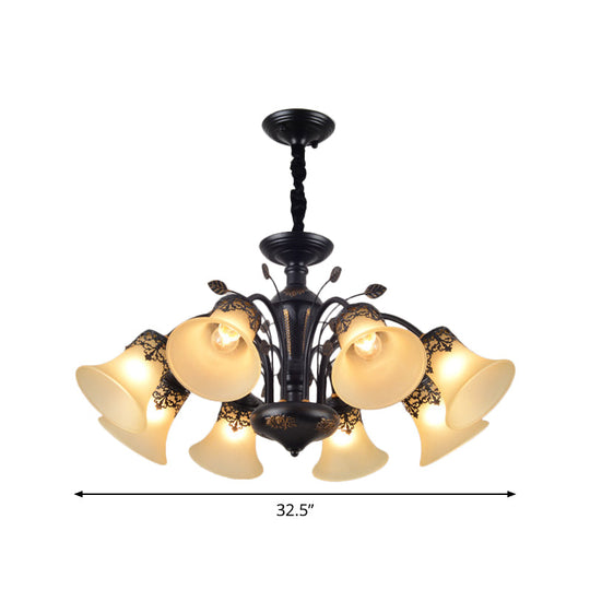 Frosted Glass Morning Glory Chandelier - Farmhouse Ceiling Pendant (3/6/8 Lights) In Black/White