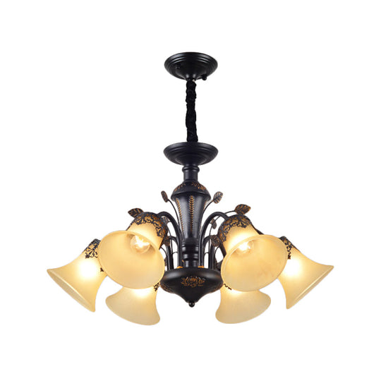 Frosted Glass Morning Glory Chandelier - Farmhouse Ceiling Pendant (3/6/8 Lights) In Black/White