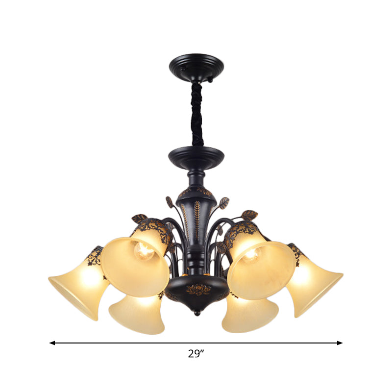 Frosted Glass Morning Glory Chandelier - Farmhouse Ceiling Pendant (3/6/8 Lights) In Black/White
