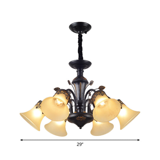 Frosted Glass Morning Glory Chandelier - Farmhouse Ceiling Pendant (3/6/8 Lights) In Black/White