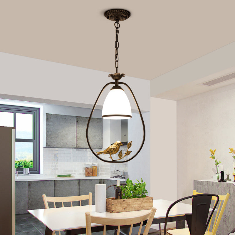 Rustic Bell White Glass Pendant Light With Bird Decoration 1-Bulb Metal Lamp In Black