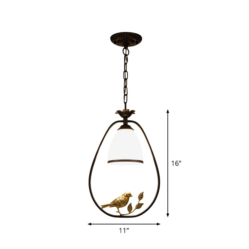 Rustic Bell White Glass Pendant Light With Bird Decoration 1-Bulb Metal Lamp In Black