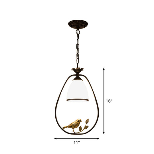 Rustic Bell White Glass Pendant Light With Bird Decoration 1-Bulb Metal Lamp In Black