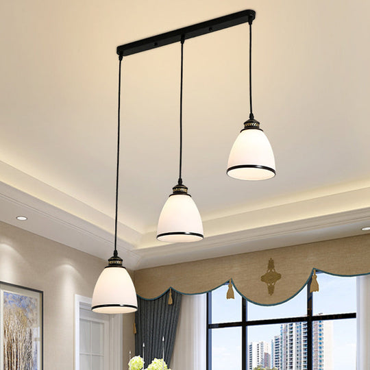 Ivory Glass Bell Pendant Light Cluster With Minimalist Design And Black Canopy - 3 Lights / Linear