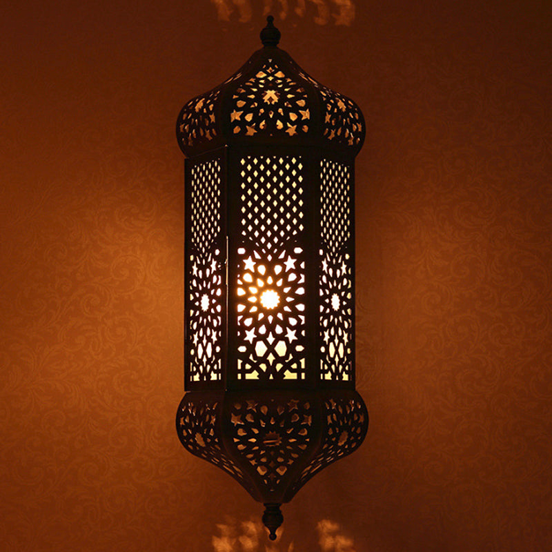 Turkish Iron Hollow-Out Wall Light With Antiqued Brass Finish - 1 Bulb Living Room Lantern Sconce
