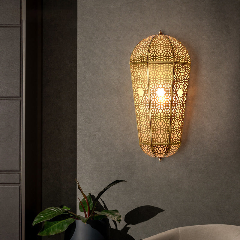 Turkish Brass Lantern Sconce - Balloon Shaped Hollowed Out Design Wall Mount Lamp