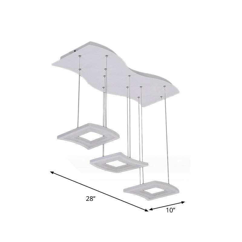 Minimalist Acrylic Curve Pendant Light 3-Light White Led Square Ceiling Hanging Lamp In Warm/White