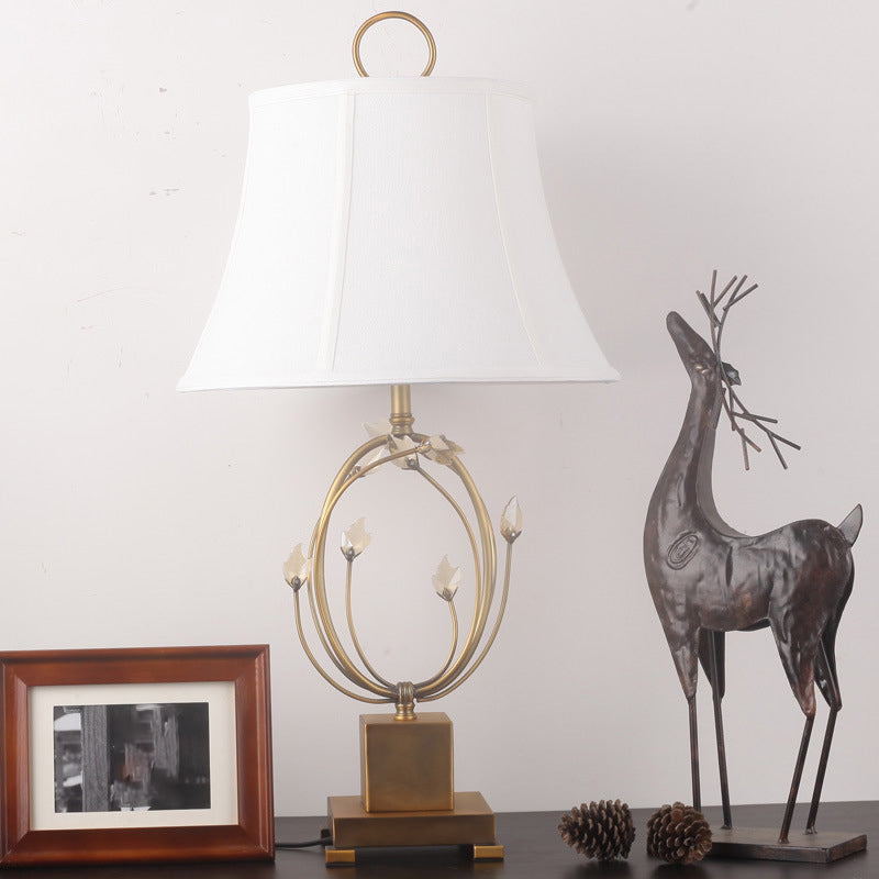 Sara - Bell Paneled Bedroom Table Light Fabric 1 Bulb Modern Night Lamp In White With Crystal