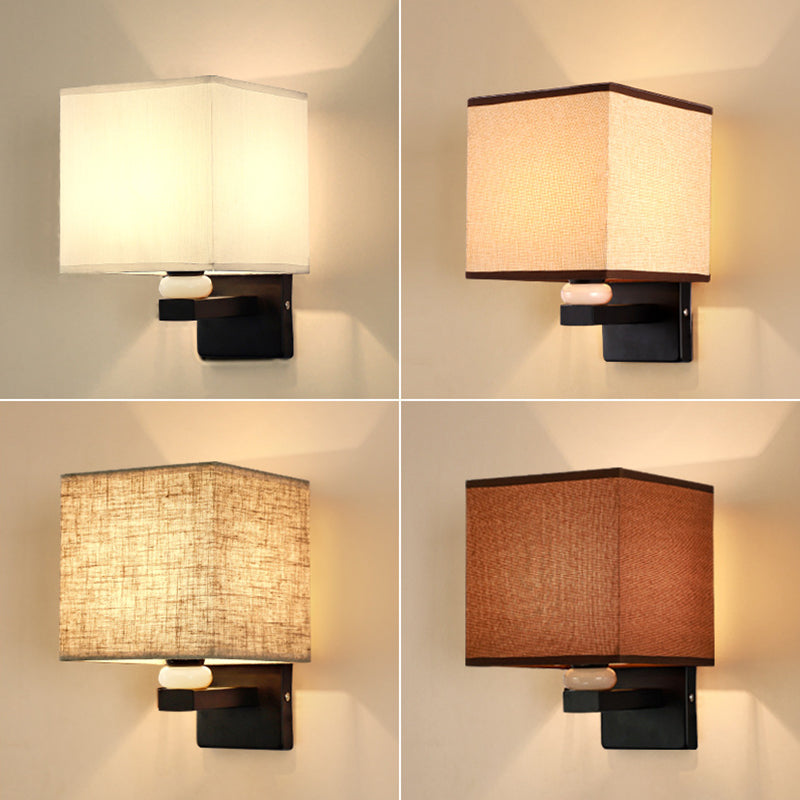 Modern Rectangle Fabric Wall Lamp With Faux Jade Decor - Flaxen/White/Beige 1-Bulb Fixture