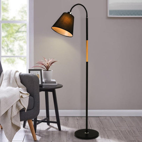 Nordic Single Floor Lamp - Black/White & Wood Gooseneck Standing Light With Cone Shade