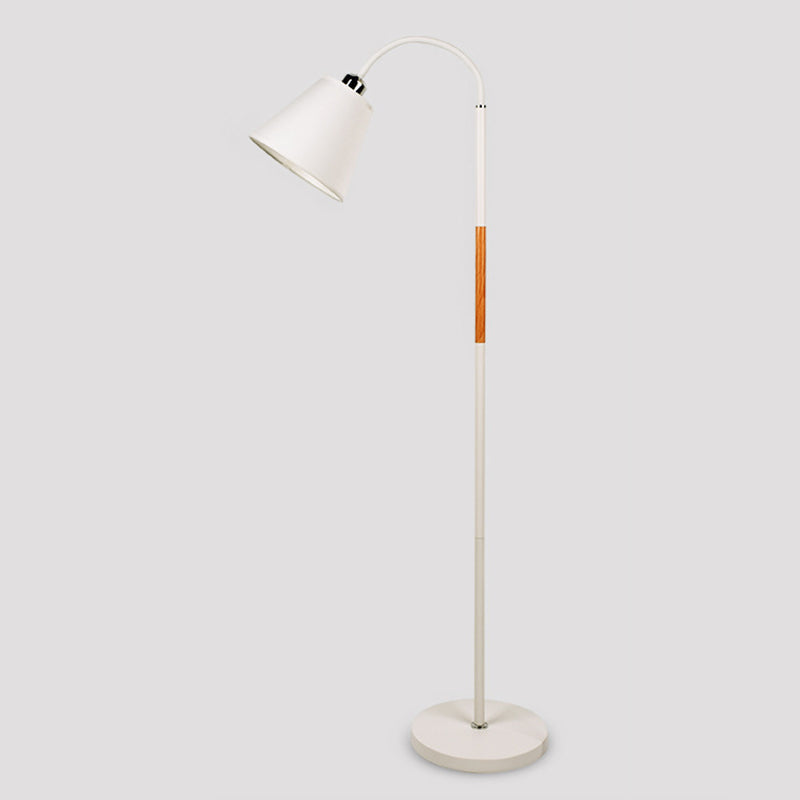 Nordic Single Floor Lamp - Black/White & Wood Gooseneck Standing Light With Cone Shade