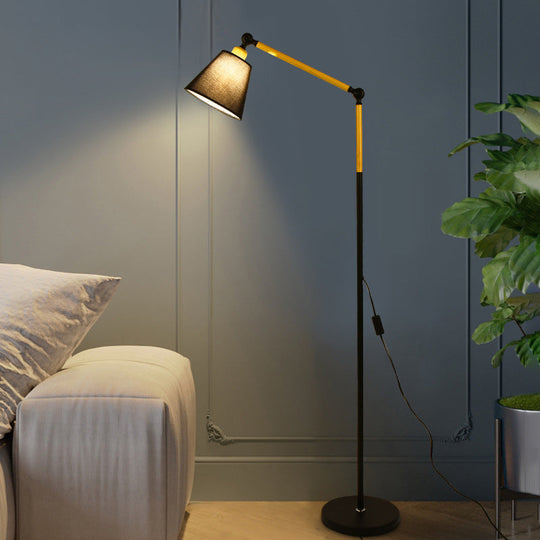 Nordic Swing Arm Wood Floor Reading Lamp With Cone Fabric Shade - Black/White