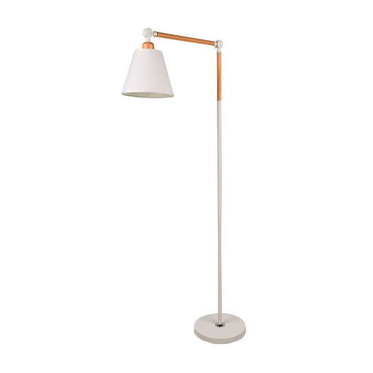 Nordic Swing Arm Wood Floor Reading Lamp With Cone Fabric Shade - Black/White