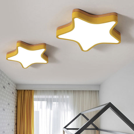 Wood Star Flush Cartoon Led Ceiling Light For Kindergarten Room Yellow / 18