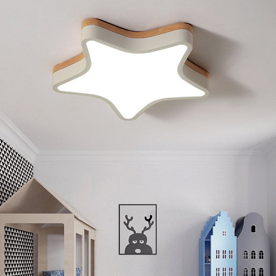 Nordic Nursing Room Star Flush Ceiling Lamp With Acrylic & Wood Panels: Slim Stylish Fixture White /