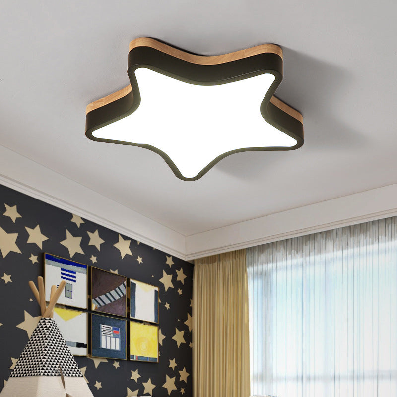 Nordic Nursing Room Star Flush Ceiling Lamp With Acrylic & Wood Panels: Slim Stylish Fixture Black