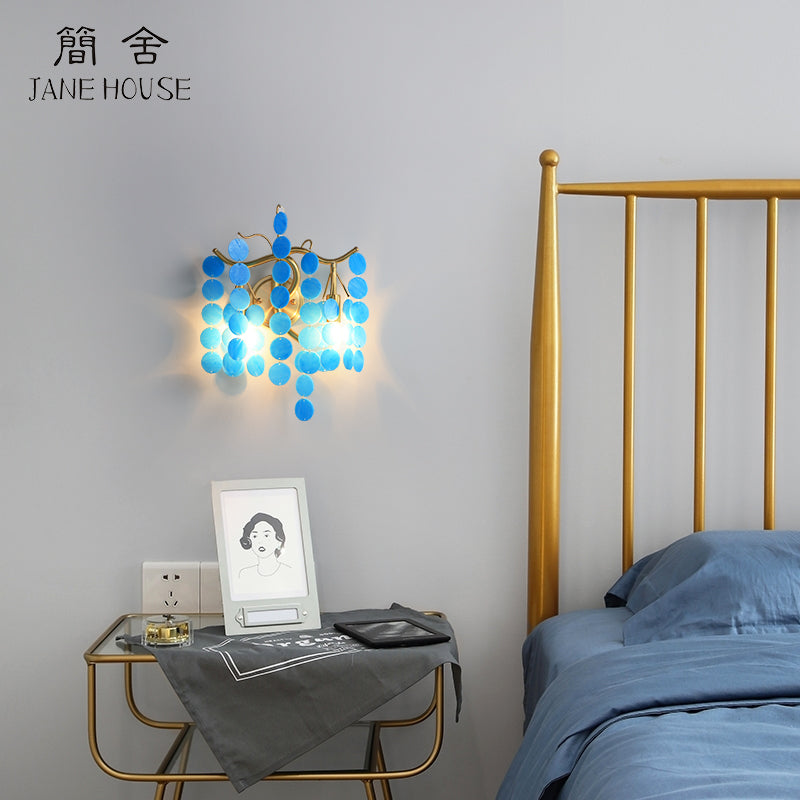 Modernist Metal 2-Head Wall Light Fixture In Brass With Crystal Deco - Bedroom Sconce Lighting Blue