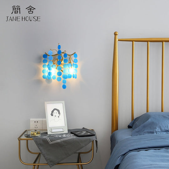 Modernist Metal 2-Head Wall Light Fixture In Brass With Crystal Deco - Bedroom Sconce Lighting Blue