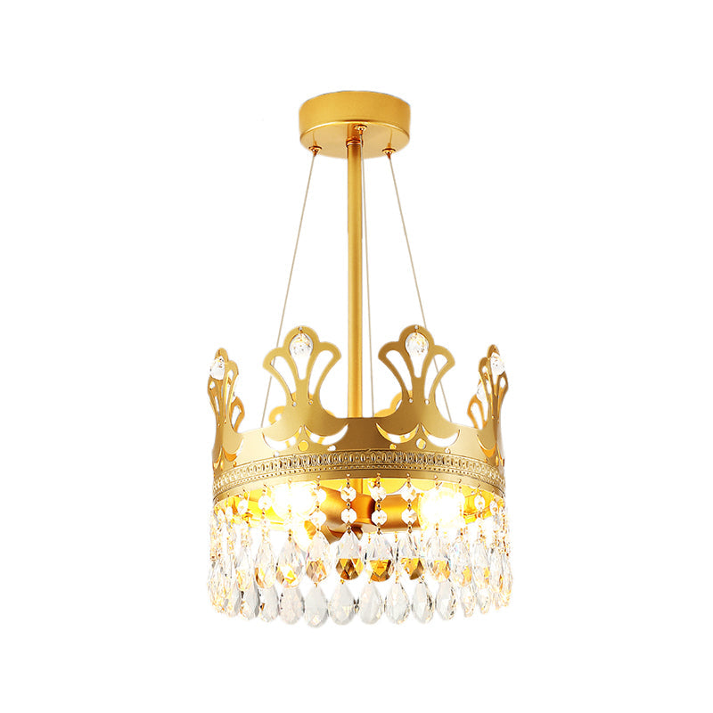 Elegant Brass Crown Chandelier Lamp Simplicity Metal Pendant Lighting With Crystal Drops For Bedroom