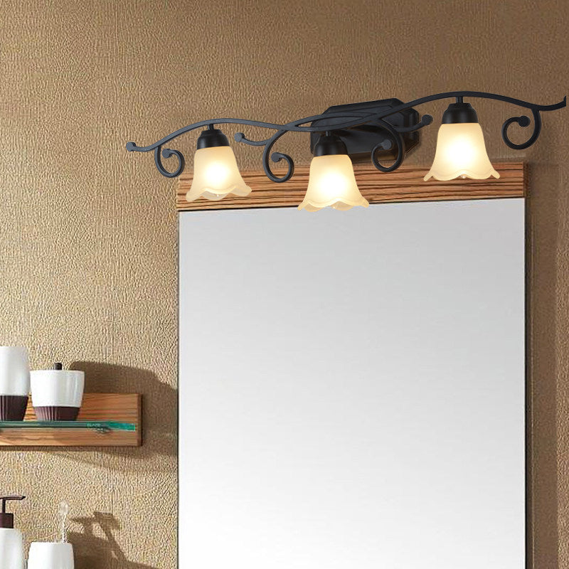 Floral White Glass Shade Vanity Lighting - Countryside Bathroom Wall Mounted Lamp 2/3 Heads Black