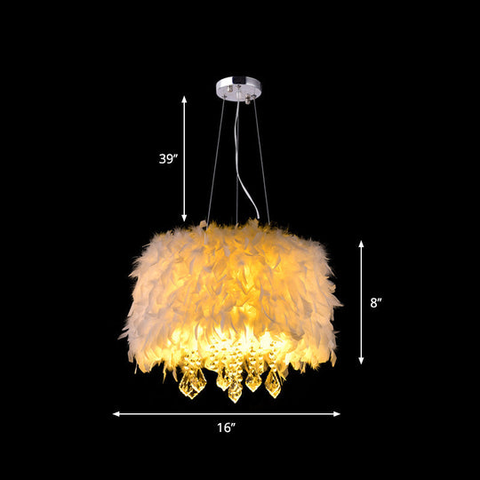 Modern White Feather Drum Pendant Chandelier With Crystal Drop - 5/6/9 Lights 16/19.5/27.5 Wide / 16