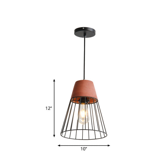 Loft Bedside Pendant Light With Cage And Cement Top In Grey/Red