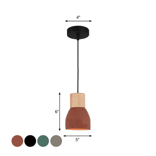 Nordic 1-Head Cement Ceiling Hang Light With Wood Socket - Small Drop Pendant Bowl In Black Red