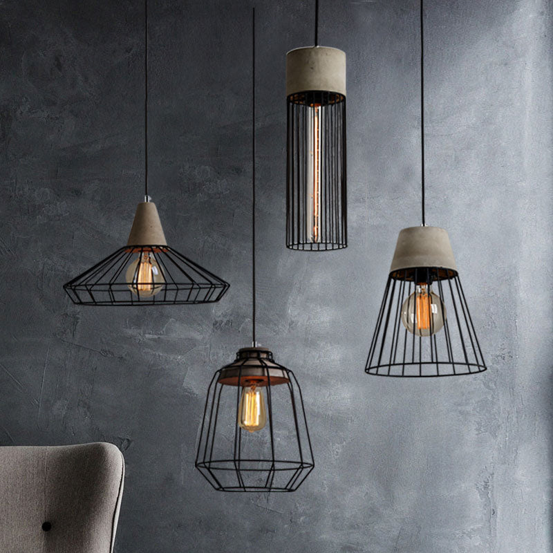 Industrial 1-Light Pendant Fixture With Cone/Cylinder/Triangle Iron Design In Black - Cement Socket