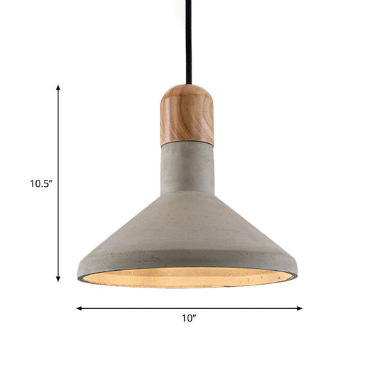 Nordic Cement Pendulum Light With Wood Top - Funnel Design 1 Bulb Grey Ceiling Pendant For Dining