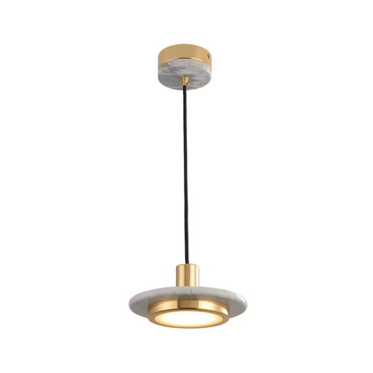 Antiqued Brass And Green Led Marble Lid Drop Pendant Light - Postmodern Ceiling Hang Fixture