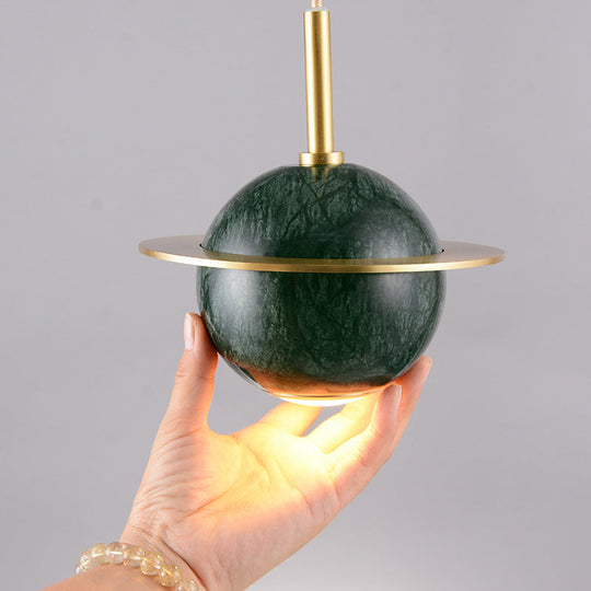 Designer Marble Pendant Lamp For Restaurants: Globe Hanging Light With Led Black/White/Green & Brass