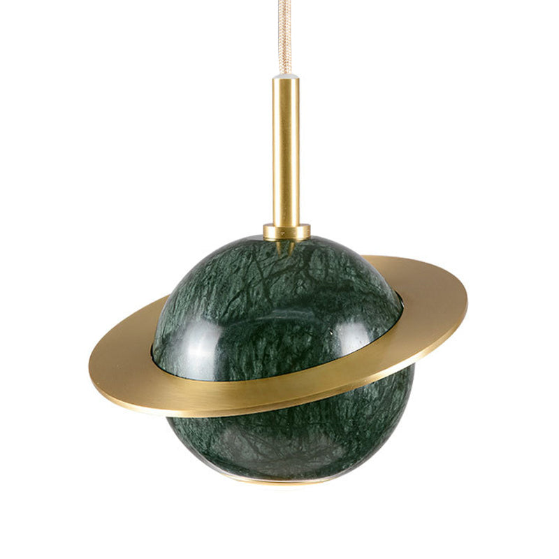 Marble Restaurant Pendant Lamp - Designer Globe Hanging Light With Led Brass Ring