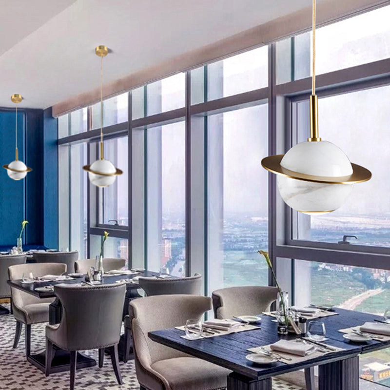 Designer Marble Pendant Lamp For Restaurants: Globe Hanging Light With Led Black/White/Green & Brass