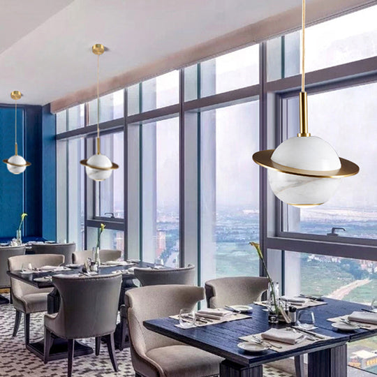 Designer Marble Pendant Lamp For Restaurants: Globe Hanging Light With Led Black/White/Green & Brass
