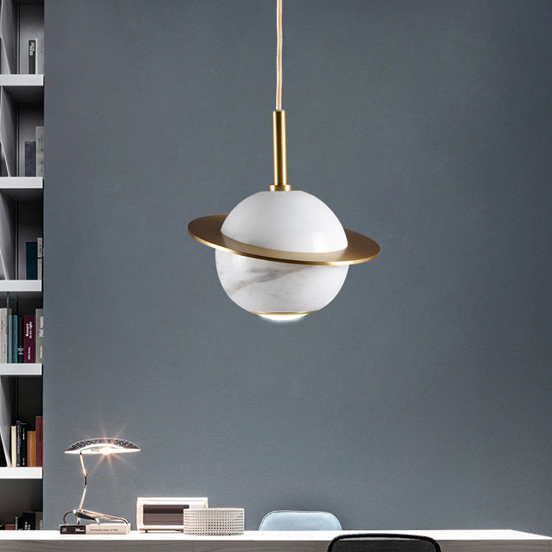 Designer Marble Pendant Lamp For Restaurants: Globe Hanging Light With Led Black/White/Green & Brass