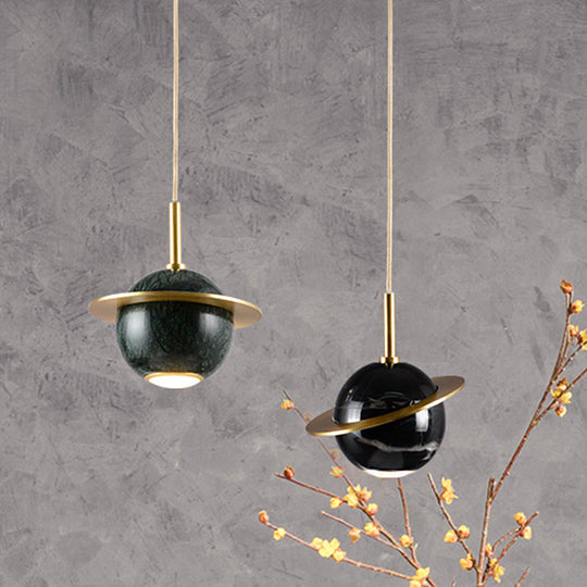 Designer Marble Pendant Lamp For Restaurants: Globe Hanging Light With Led Black/White/Green & Brass