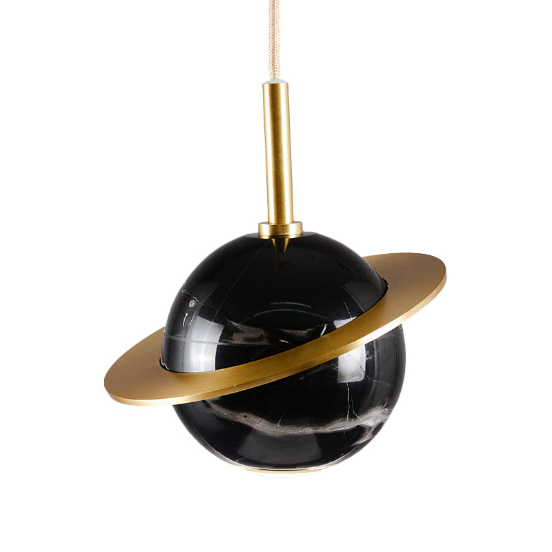 Marble Restaurant Pendant Lamp - Designer Globe Hanging Light With Led Brass Ring