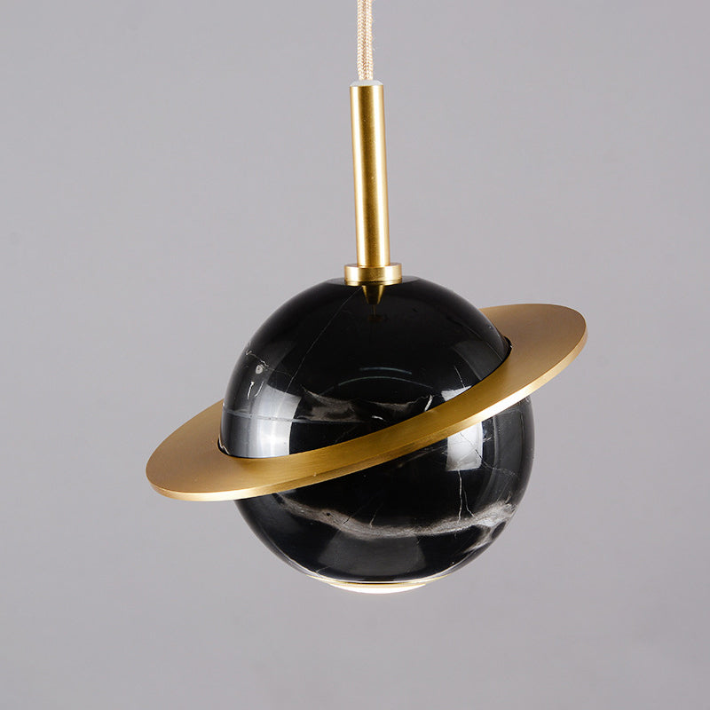 Marble Restaurant Pendant Lamp - Designer Globe Hanging Light With Led Brass Ring