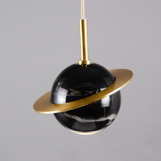 Designer Marble Pendant Lamp For Restaurants: Globe Hanging Light With Led Black/White/Green & Brass