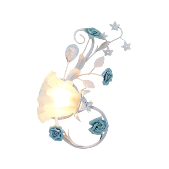 Flower Shade Frosted Glass Wall Sconce - Countryside 1-Light Bedroom Lamp In White