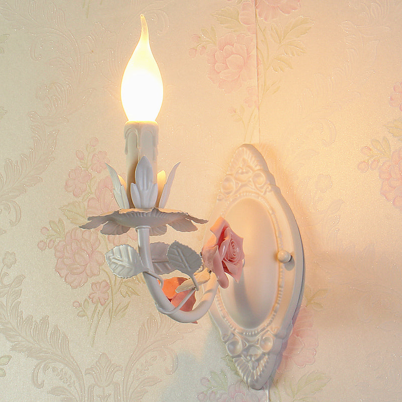 Pastoral Metallic Candle Wall Sconce: Blue/Pink 1-Light Lamp With Flower Deco