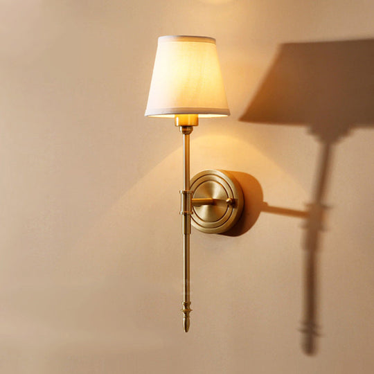 Minimalist Gold Bedroom Wall Light Kit - Tapered Fabric Shade Pencil Arm Mount Reading Lamp