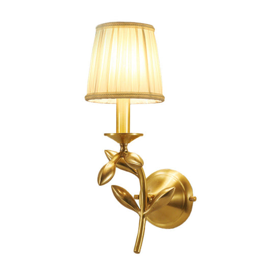 Farmhouse Gold Wheat Branch Wall Light With Gathered Fabric Shade - Single Bedroom Mount Fixture