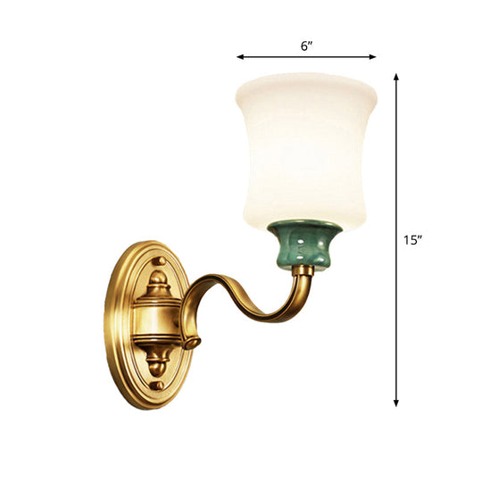 Gold Scalloped/Tapered/Curved Wall Mounted Bedside Light With Fabric/White Glass Shade