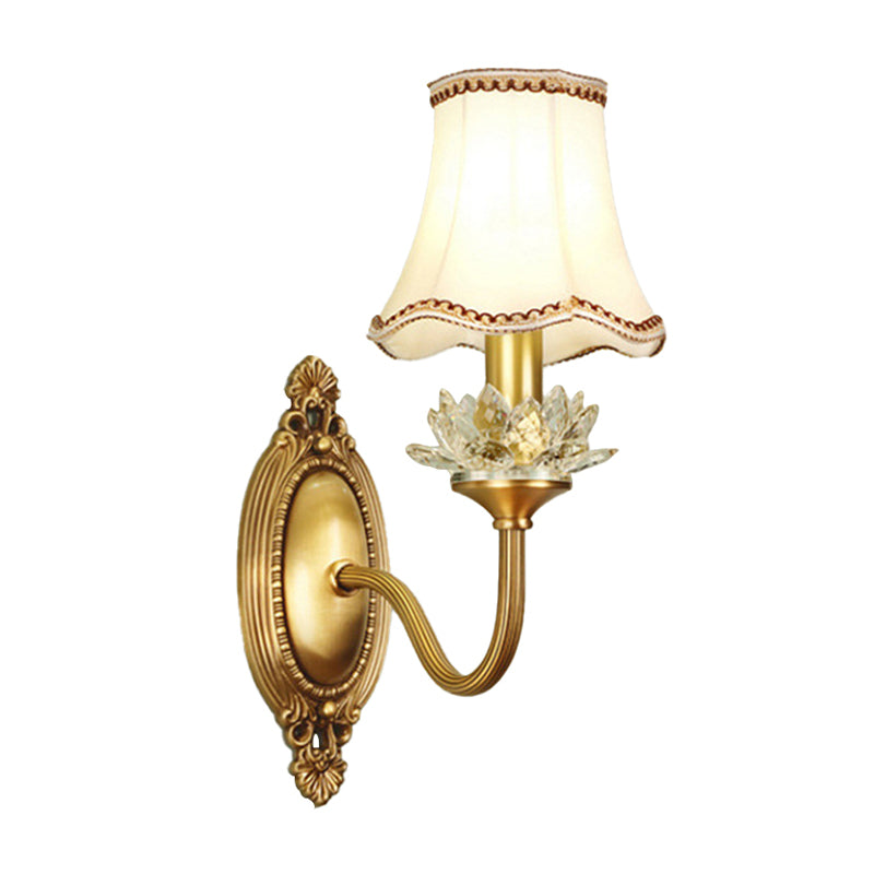 Gold Scalloped/Tapered/Curved Wall Mounted Bedside Light With Fabric/White Glass Shade