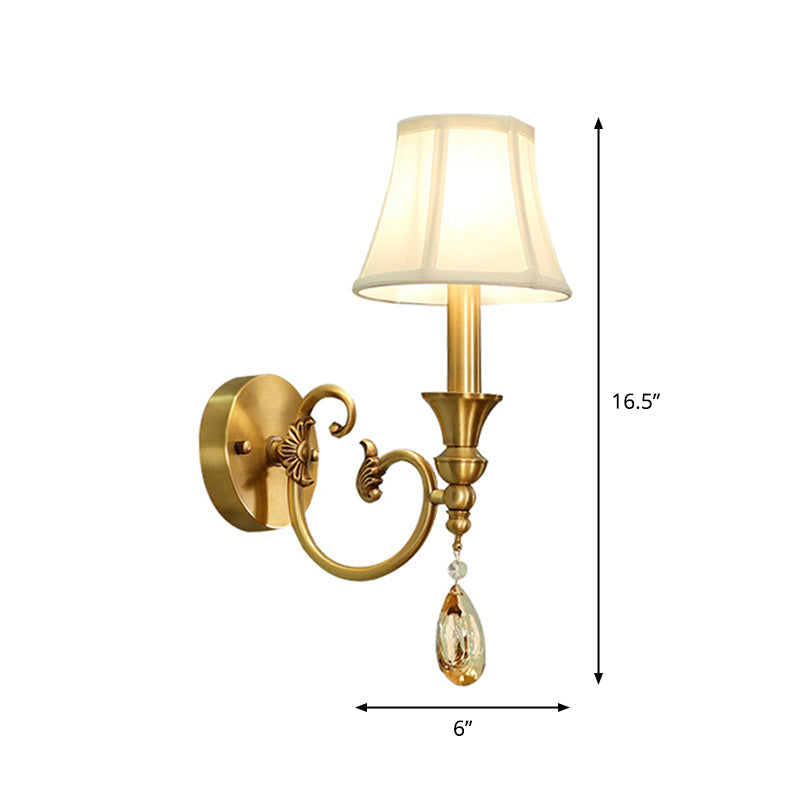 Classic Flared Wall Sconce In Gold With Crystal Drop - 1/2-Light Fabric Lamp