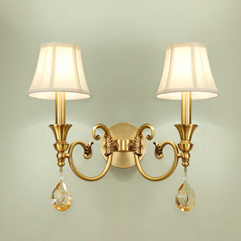 Classic Flared Wall Sconce In Gold With Crystal Drop - 1/2-Light Fabric Lamp 2 /